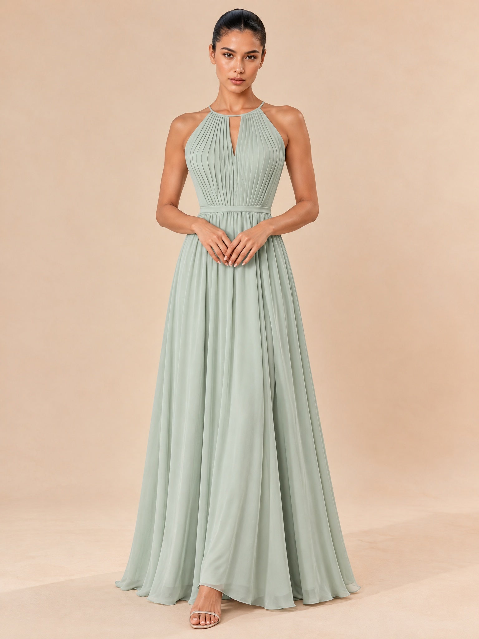 Augday Grace Halter Keyhole Pleated Chiffon Maxi Dress