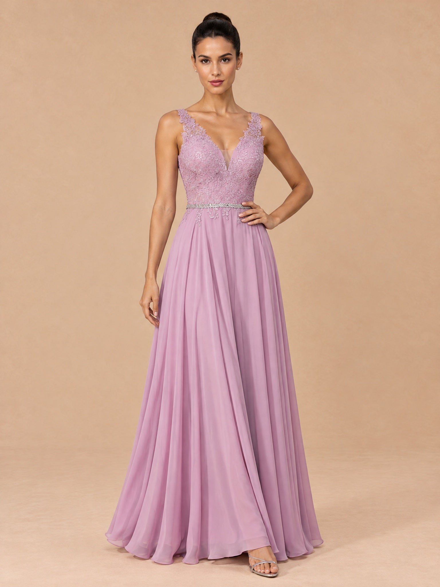Augday Vivian V-Neck Lace Applique Chiffon Maxi Dress