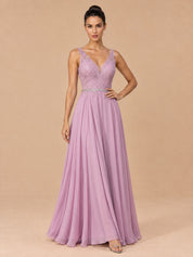 Augday Vivian V-Neck Lace Applique Chiffon Maxi Dress