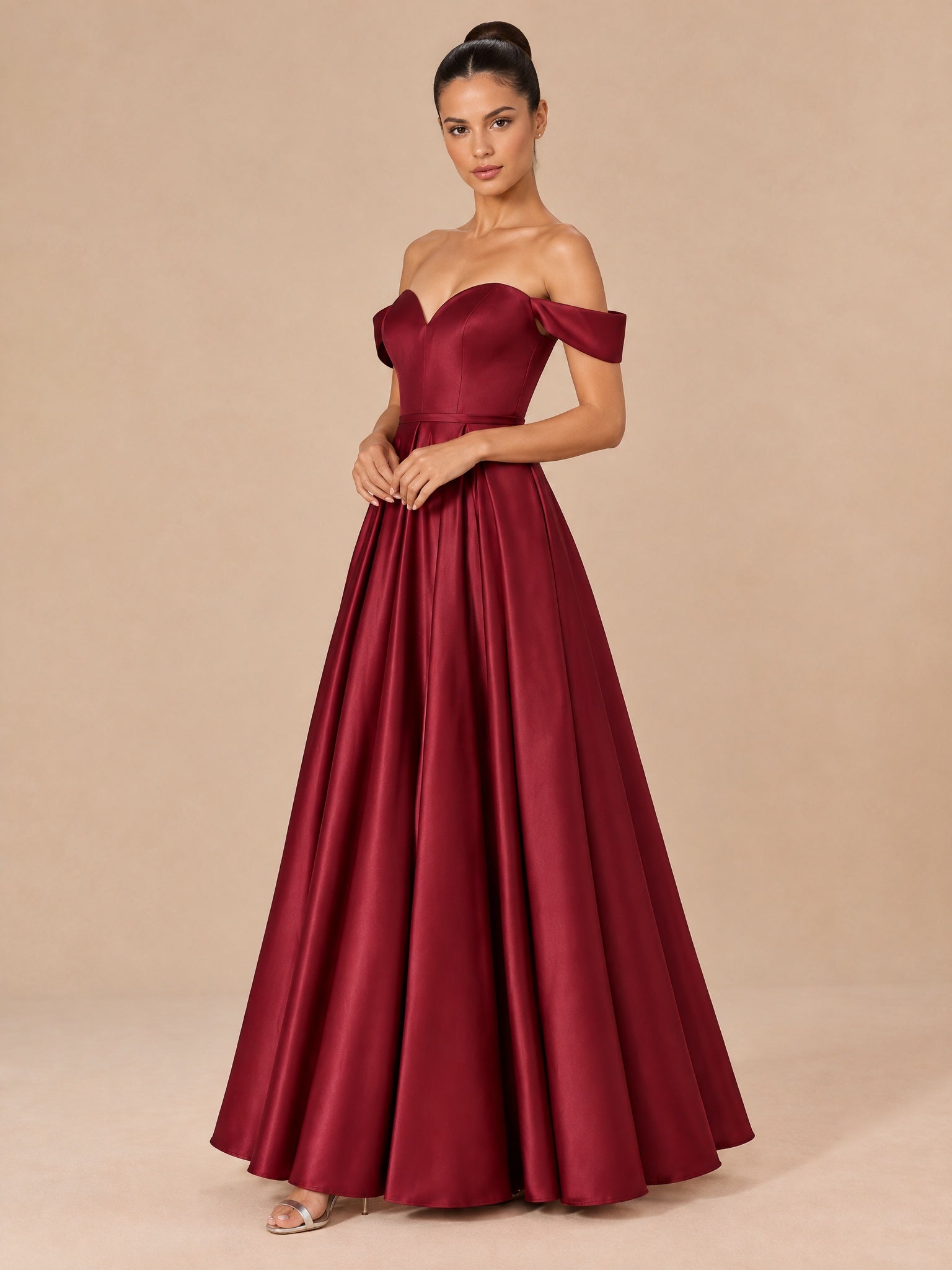 Augday Grace Off-the-Shoulder Sweetheart Pleated Satin Maxi Dress