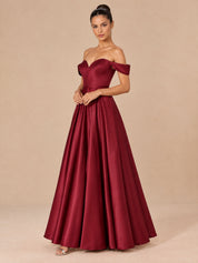 Augday Grace Off-the-Shoulder Sweetheart Pleated Satin Maxi Dress