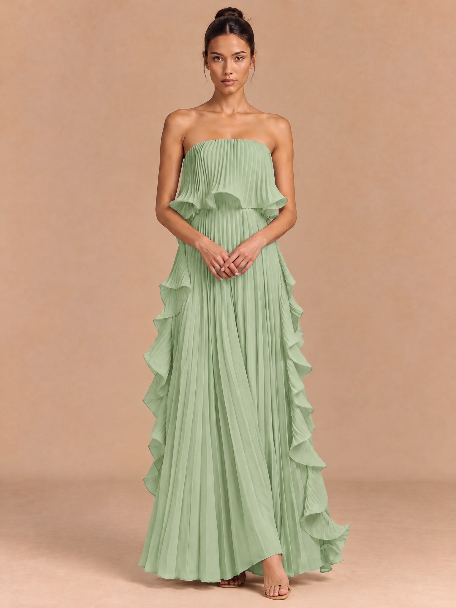 Augday Hazel Pleated Ruffle Strapless Chiffon Maxi Dress