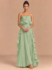 Augday Hazel Pleated Ruffle Strapless Chiffon Maxi Dress