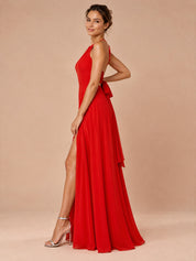 Augday Amara Halter Keyhole Open Back Chiffon Maxi Dress with Tie Bow