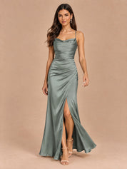 Augday Chloe Cowl Neck Ruched Satin Maxi Dress with Slit