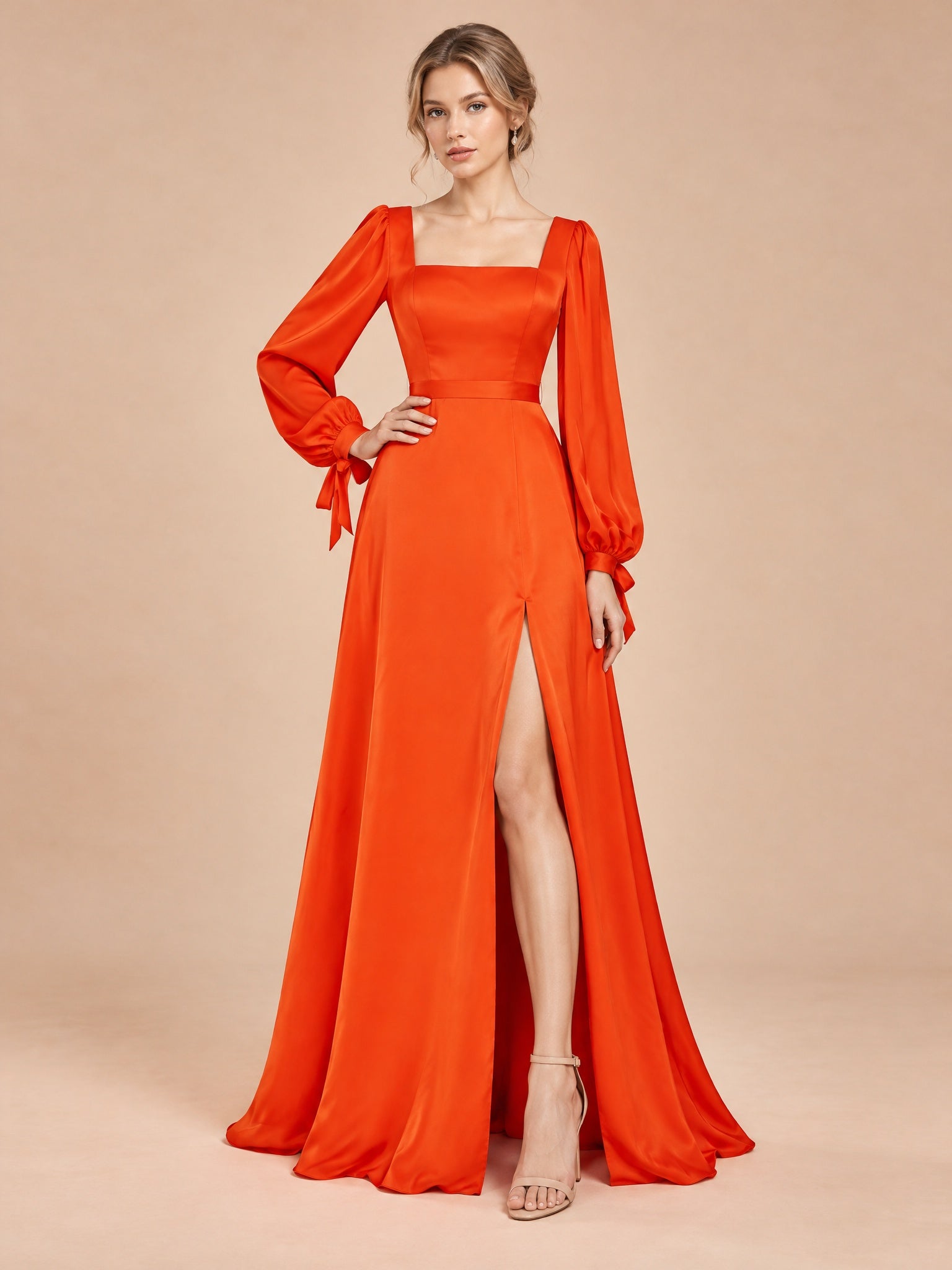 Augday Evelyn Square Neck Long Bishop Sleeve Satin Maxi Dress with Slit