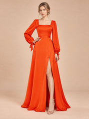 Augday Evelyn Square Neck Long Bishop Sleeve Satin Maxi Dress with Slit
