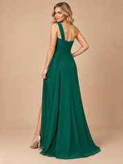 Augday Aurora One-Shoulder Pleated Chiffon Maxi Dress with Slit