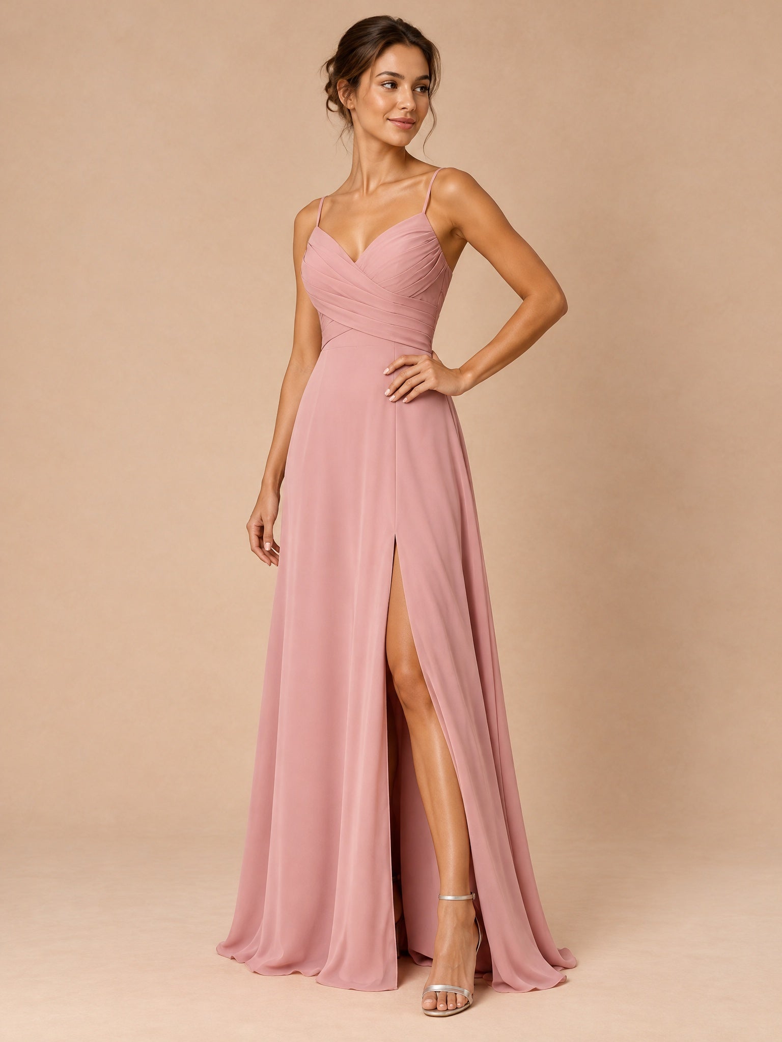 Augday Abigail V-Neck Crisscross Pleated Chiffon Maxi Dress with Slit