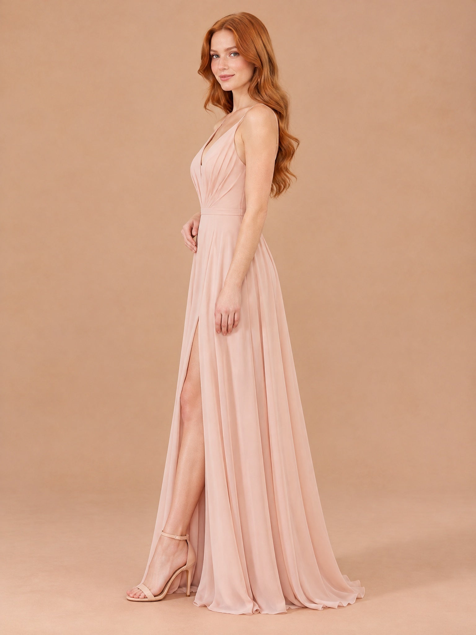 Augday Lily V-Neck Pleated Chiffon Maxi Dress with Slit