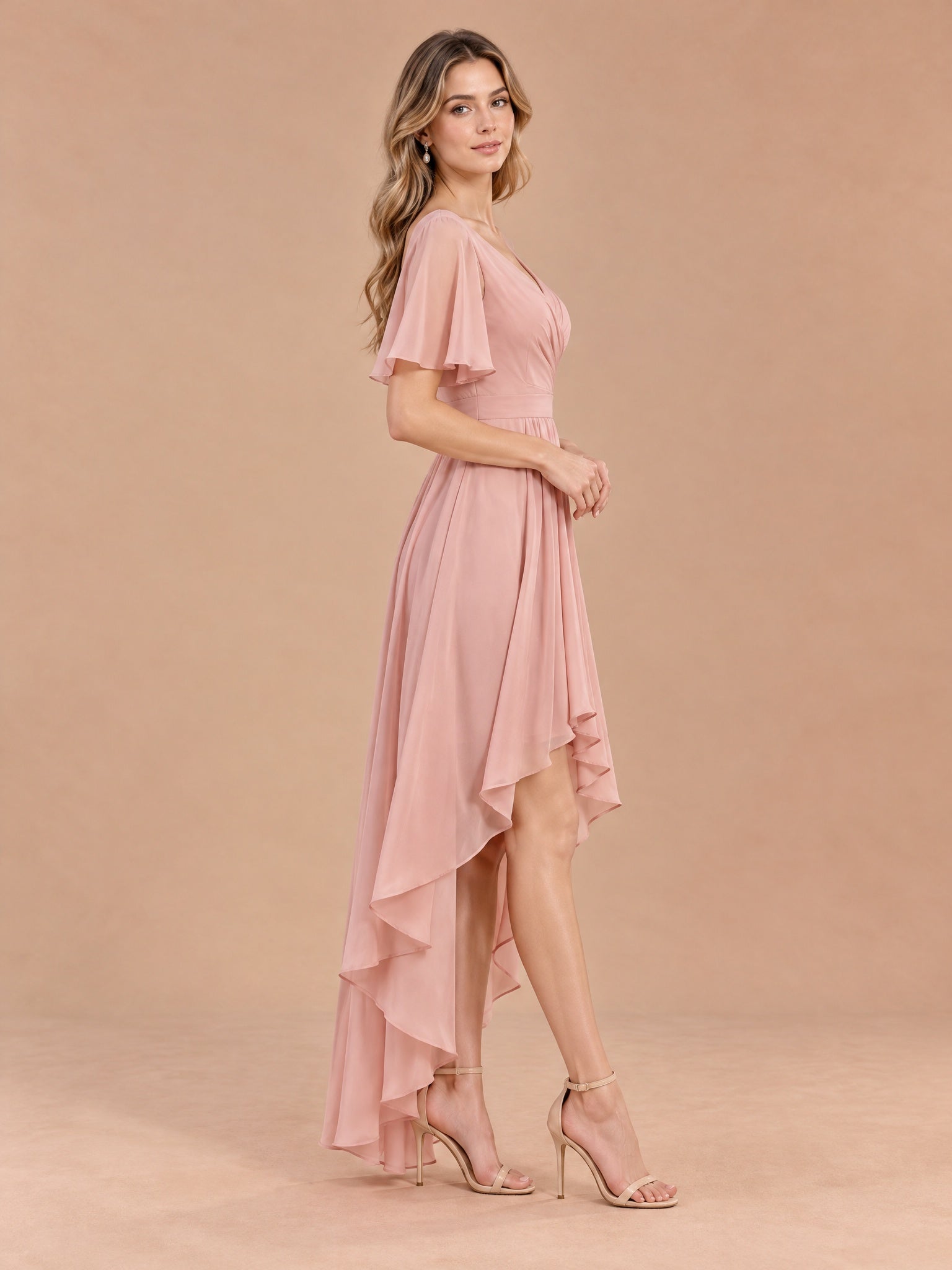 Augday Chloe V-Neck Flutter Sleeve High-Low Pleated Chiffon Maxi Dress