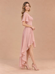 Augday Chloe V-Neck Flutter Sleeve High-Low Pleated Chiffon Maxi Dress