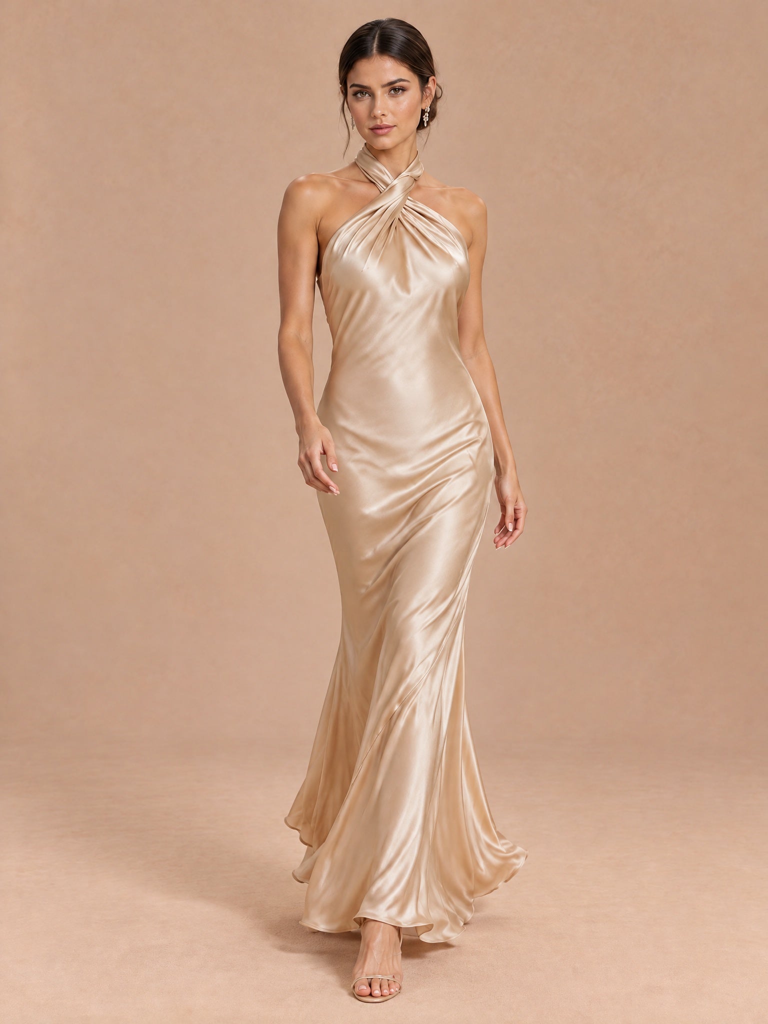 Augday Penelope Cross Halter Twist-Front Open Back Satin Maxi Dress