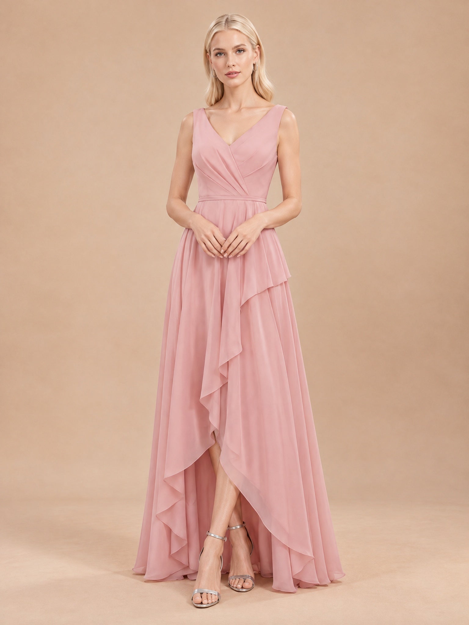 Augday Lily V-Neck Cascading Ruffle Asymmetric Chiffon Maxi Dress