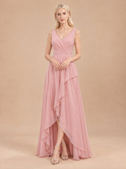 Augday Lily V-Neck Cascading Ruffle Asymmetric Chiffon Maxi Dress