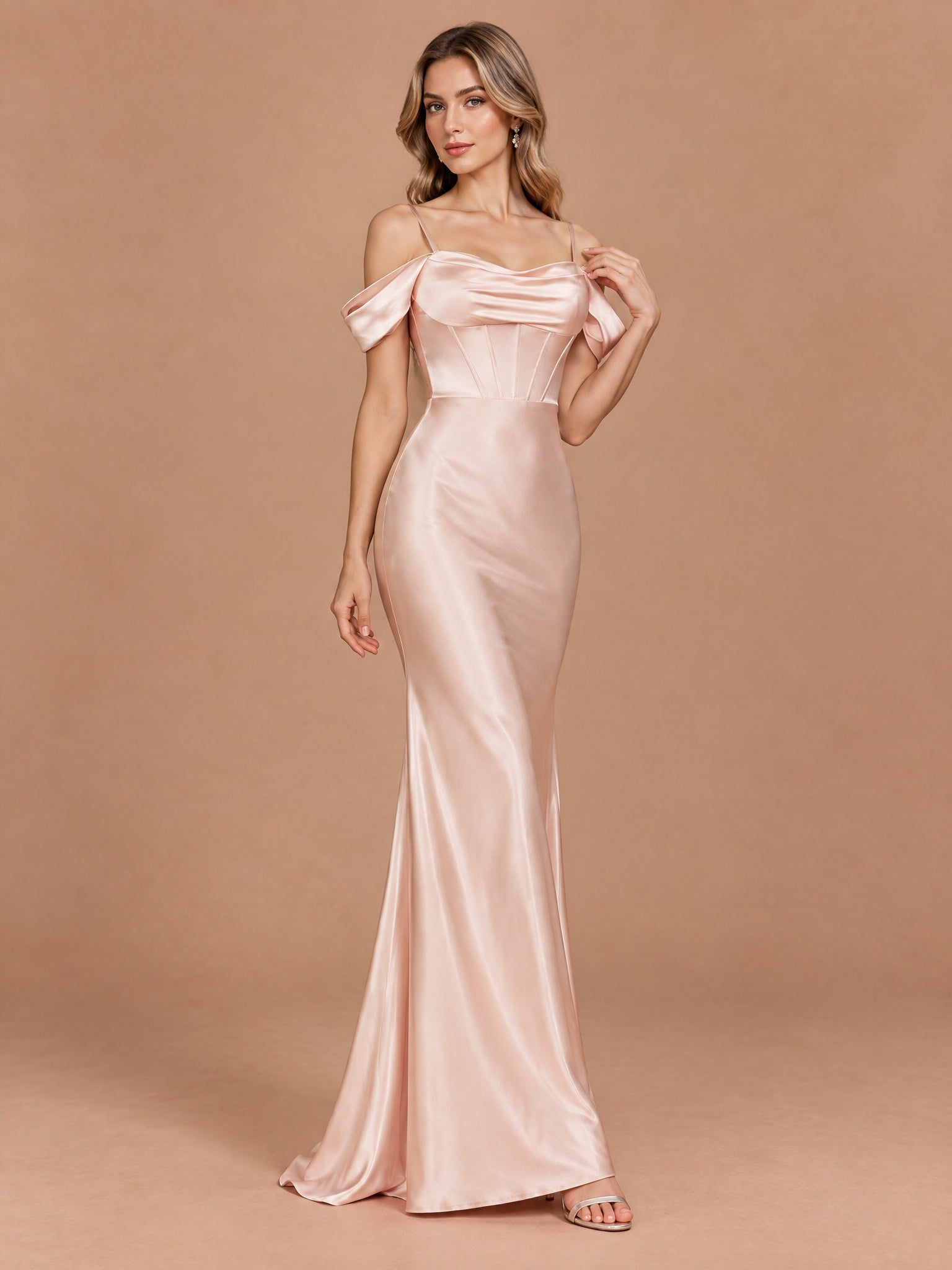 Augday Vivian Off-the-Shoulder Cowl Corset Satin Maxi Dress