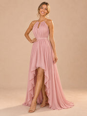 Augday Clara Halter Keyhole High-Low Pleated Chiffon Maxi Dress
