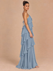 Augday Stella Halter Tiered Ruffle Chiffon Maxi Dress