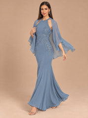 Augday Isabella Beaded Halter Lace Mermaid Maxi Dress with Removable Cape