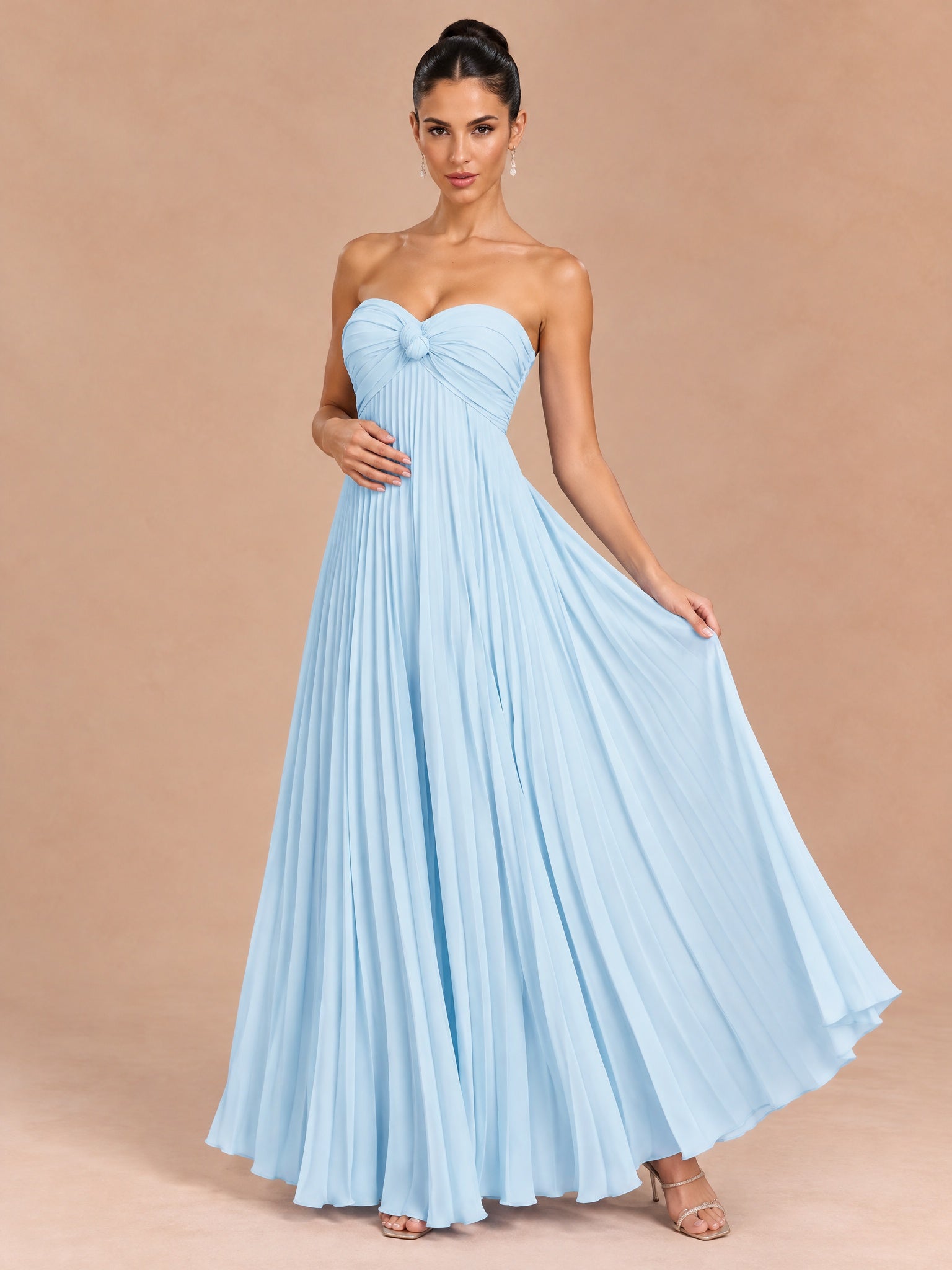 Augday Charlotte Strapless Pleated Chiffon Maxi Dress with Scarf