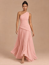Augday Abigail Blush Pink One-Shoulder Lace-Up Chiffon Maxi Dress