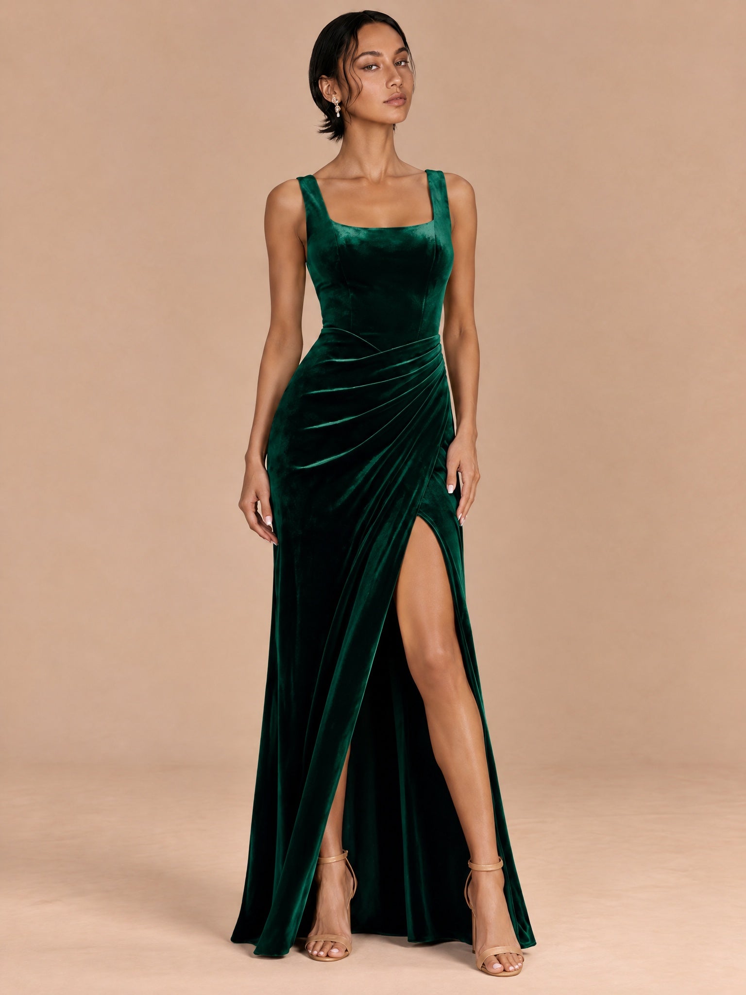 Augday Seraphina Square Neck Ruched Velvet Maxi Dress with Slit