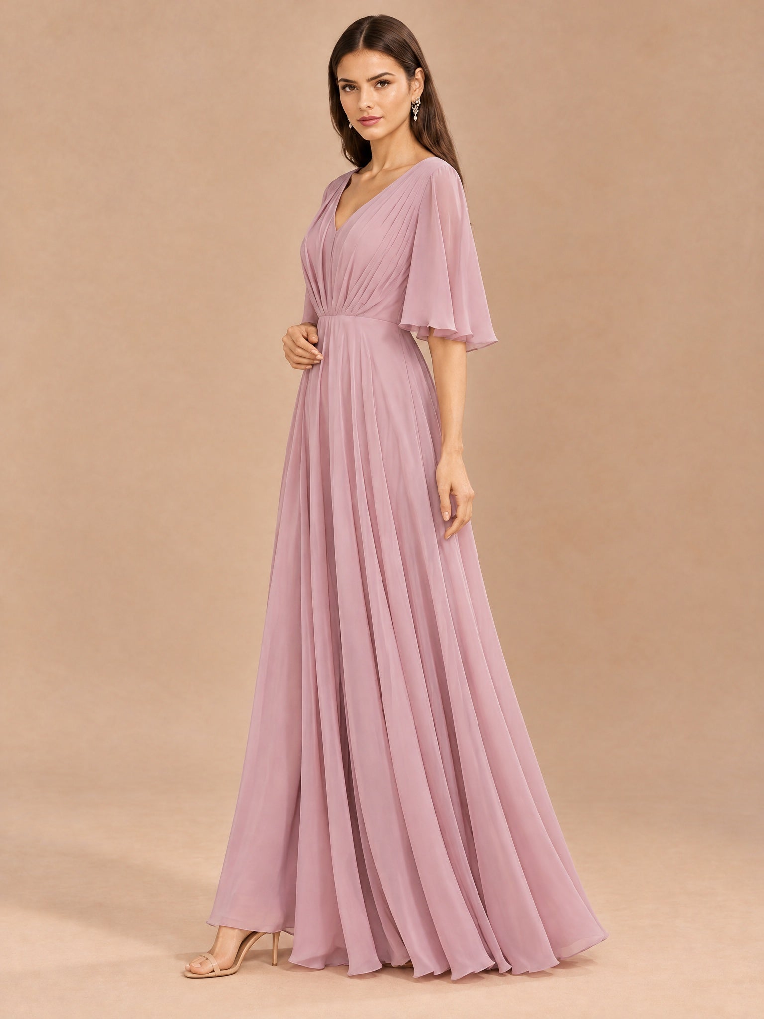 Augday Aurora V-Neck Flutter Half Sleeve Pleated Chiffon Maxi Dress
