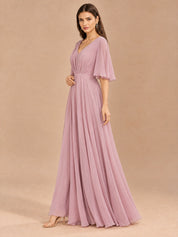 Augday Aurora V-Neck Flutter Half Sleeve Pleated Chiffon Maxi Dress