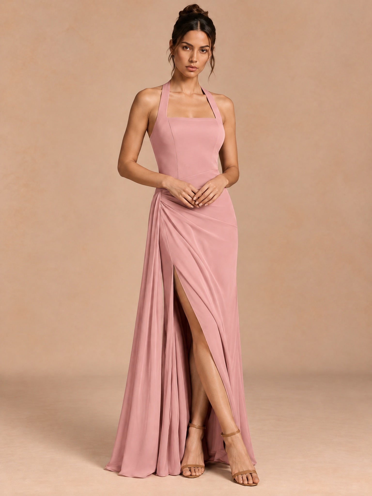 Augday Camilla Halter Square Neck Draped Sash Maxi Dress with Slit