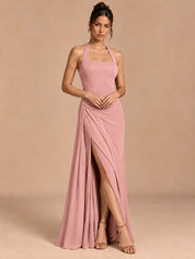 Augday Camilla Halter Square Neck Draped Sash Maxi Dress with Slit