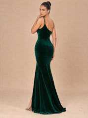 Augday Hazel One-Shoulder Spaghetti Strap Velvet Maxi Dress
