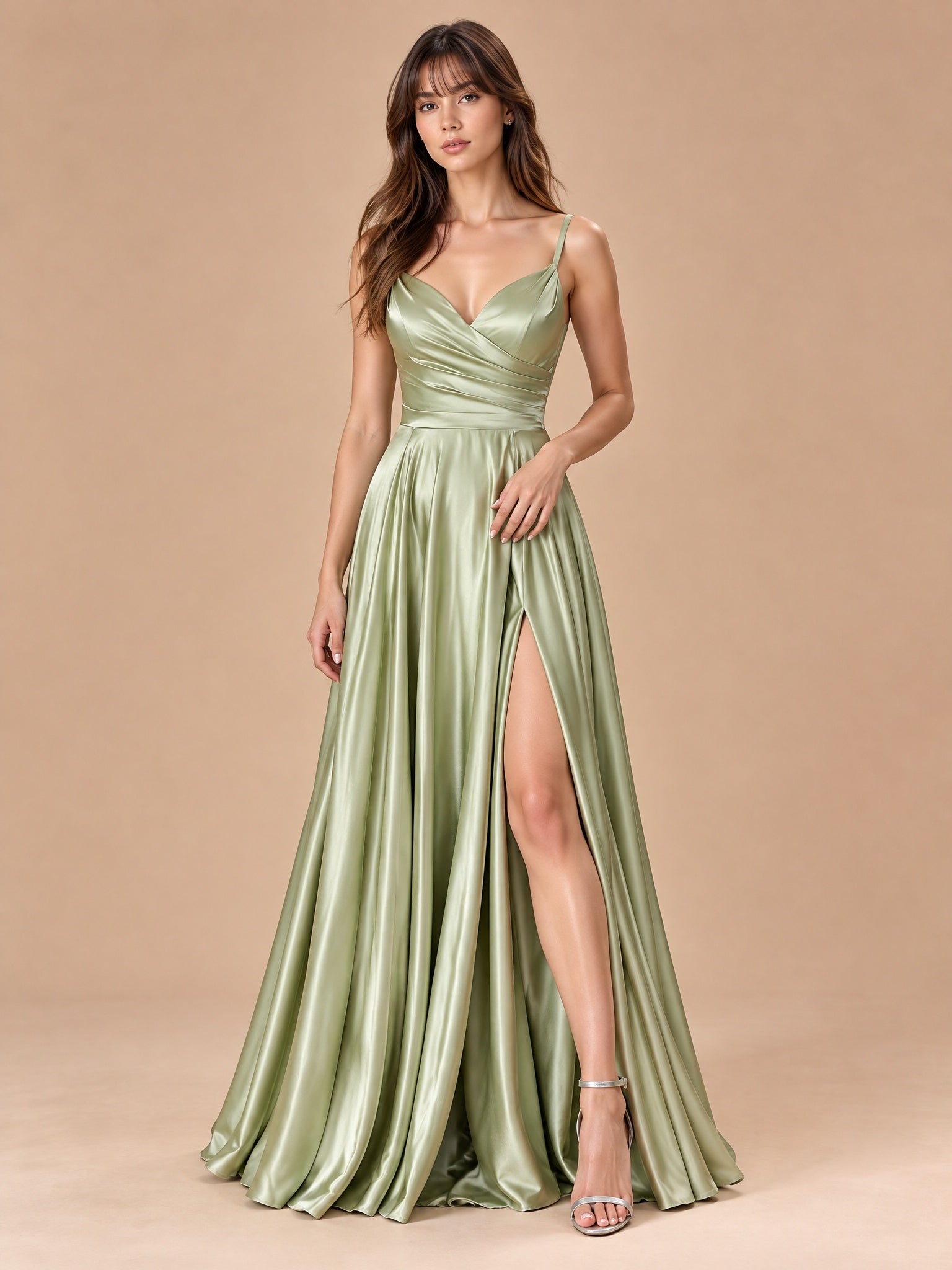 Augday Eleanor Sweetheart V-Neck Pleated Satin Maxi Dress
