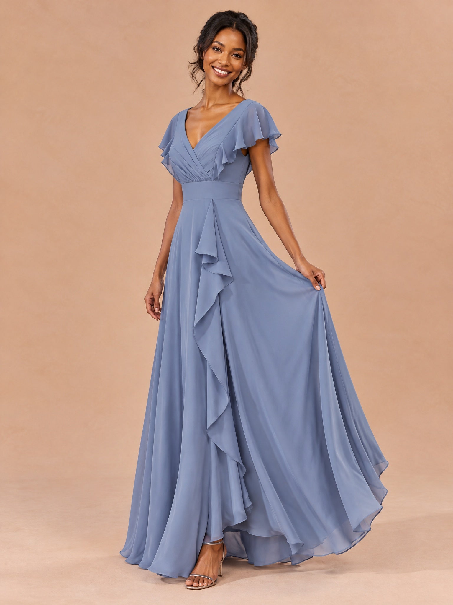 Augday Camilla V-Neck Flutter Sleeve Chiffon Maxi Dress with Ruffle Slit