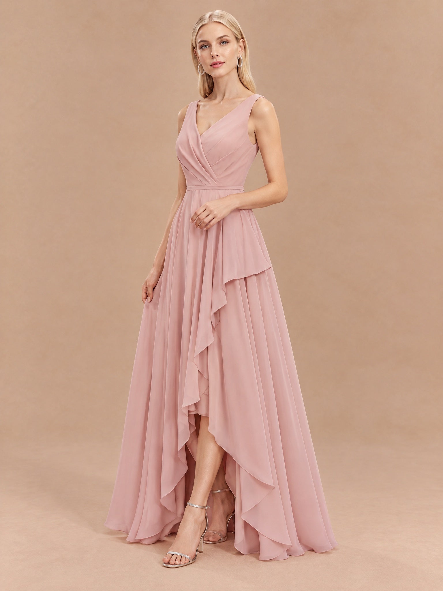 Augday Lily V-Neck Cascading Ruffle Asymmetric Chiffon Maxi Dress