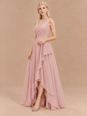 Augday Lily V-Neck Cascading Ruffle Asymmetric Chiffon Maxi Dress