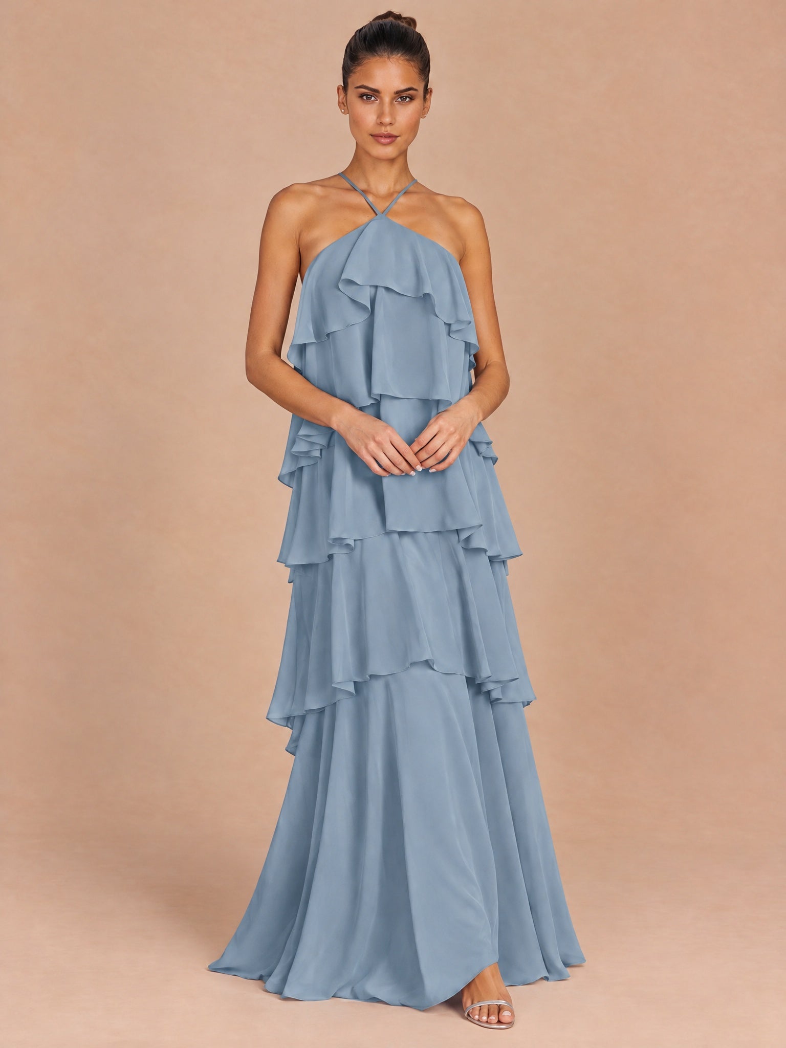 Augday Stella Halter Tiered Ruffle Chiffon Maxi Dress