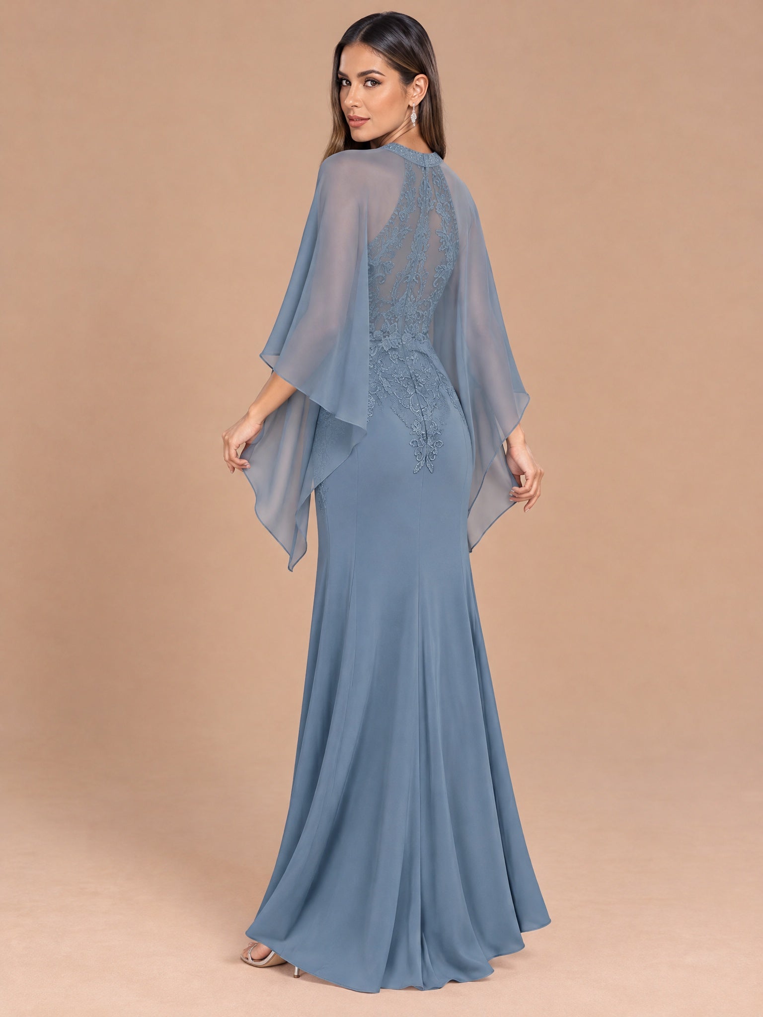 Augday Isabella Beaded Halter Lace Mermaid Maxi Dress with Removable Cape
