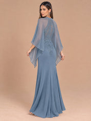 Augday Isabella Beaded Halter Lace Mermaid Maxi Dress with Removable Cape