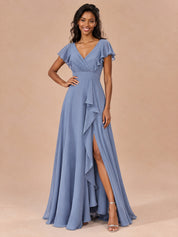 Augday Camilla V-Neck Flutter Sleeve Chiffon Maxi Dress with Ruffle Slit
