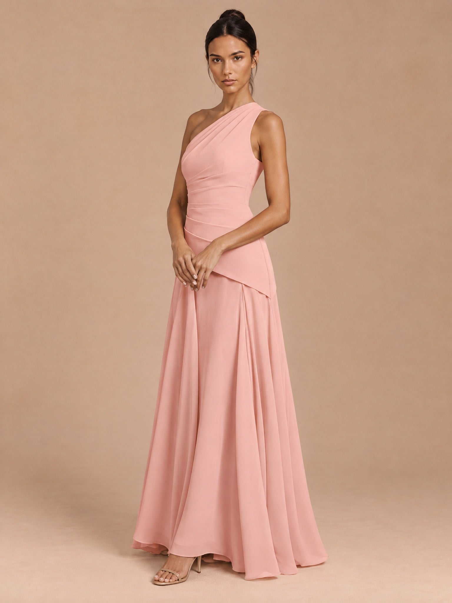 Augday Abigail Blush Pink One-Shoulder Lace-Up Chiffon Maxi Dress