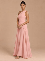 Augday Abigail Blush Pink One-Shoulder Lace-Up Chiffon Maxi Dress