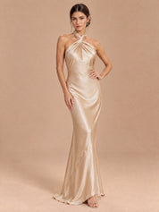 Augday Penelope Cross Halter Twist-Front Open Back Satin Maxi Dress