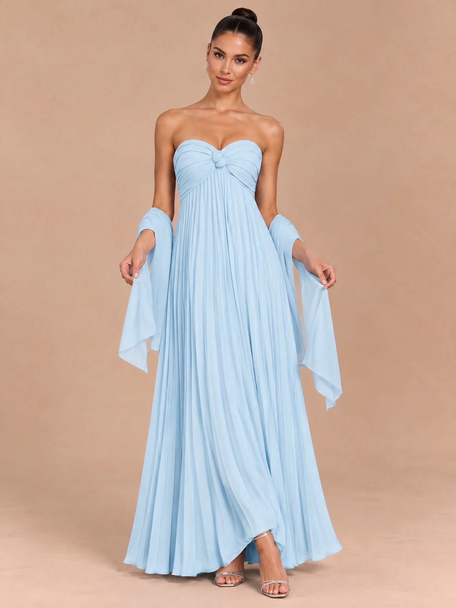 Augday Charlotte Strapless Pleated Chiffon Maxi Dress with Scarf