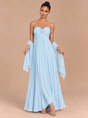Augday Charlotte Strapless Pleated Chiffon Maxi Dress with Scarf