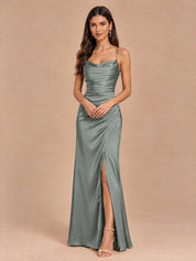 Augday Chloe Cowl Neck Ruched Satin Maxi Dress with Slit