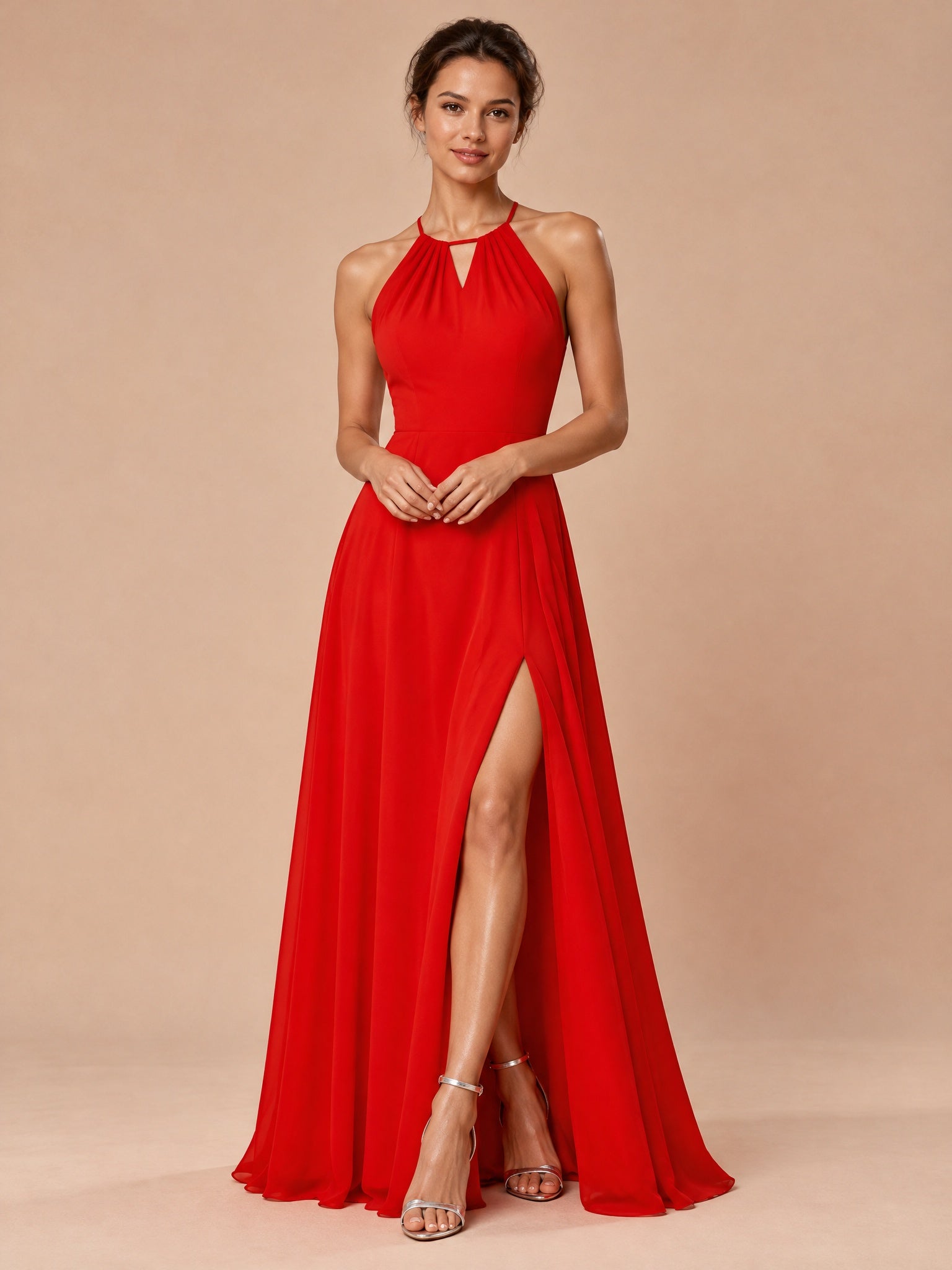 Augday Amara Halter Keyhole Open Back Chiffon Maxi Dress with Tie Bow