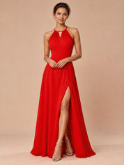 Augday Amara Halter Keyhole Open Back Chiffon Maxi Dress with Tie Bow