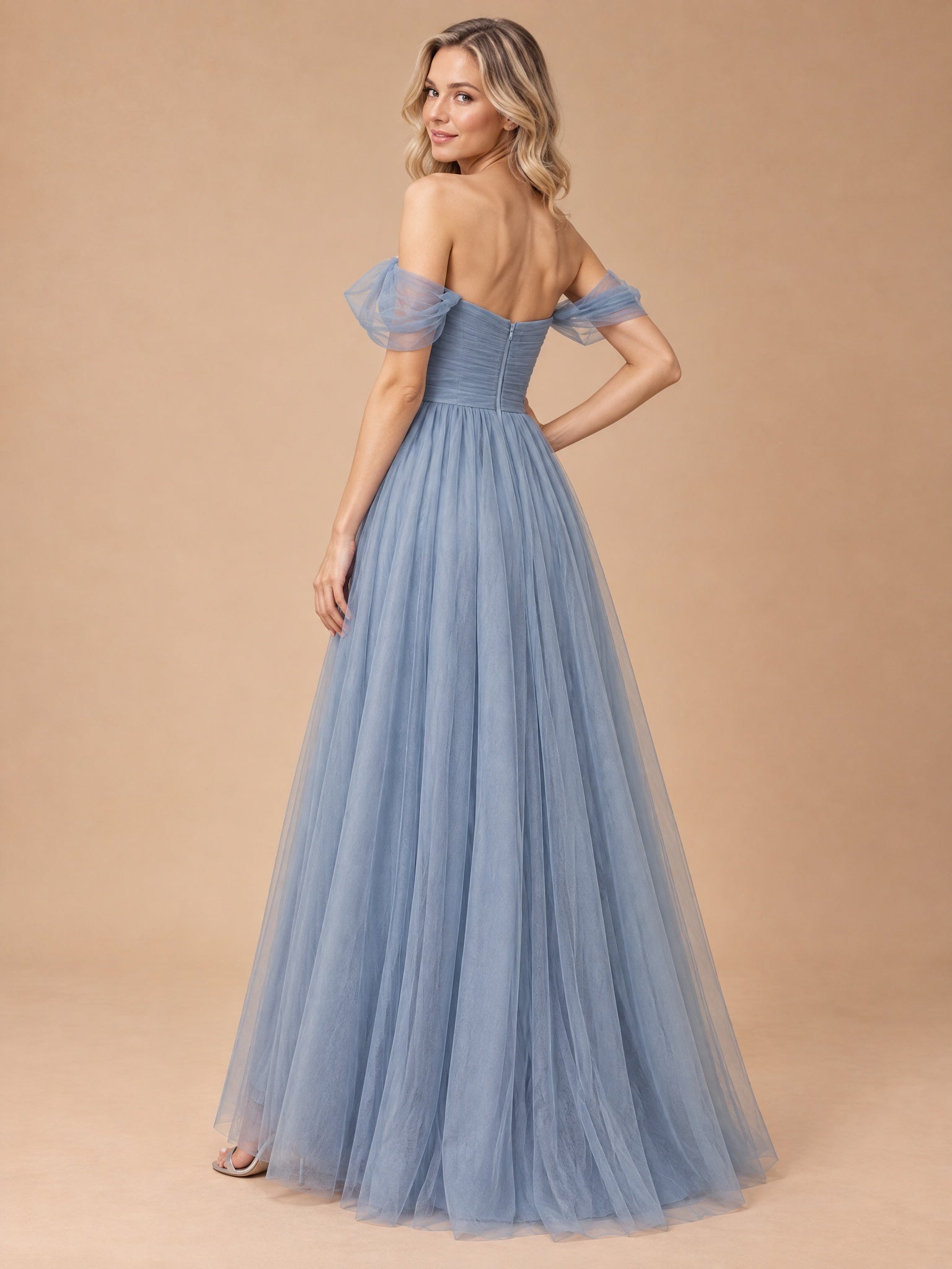 Augday Serena Off-the-Shoulder Sweetheart Pleated Tulle Maxi Dress