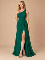 Augday Aurora One-Shoulder Pleated Chiffon Maxi Dress with Slit