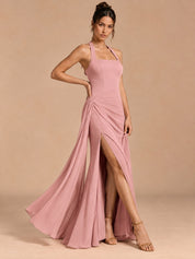 Augday Camilla Halter Square Neck Draped Sash Maxi Dress with Slit